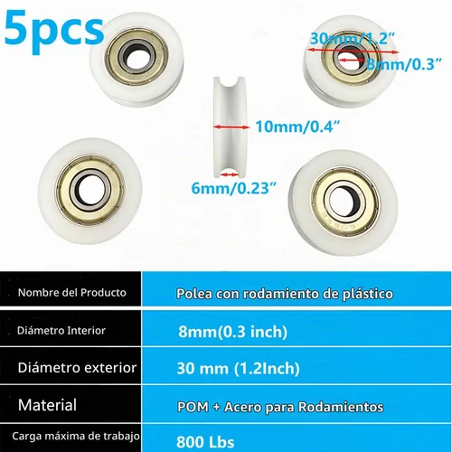 Vista 5 de 5 ruedas de polea con ranura en U con rodamientos de bolas de ranura profunda, rodillos de guía de nailon silenciosos de 0.31 x 1.18 x 0.39 pulgadas