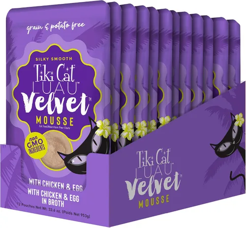 Vista 2 de Tiki Cat Luau Velvet Mousse, pollo y huevo en caldo, nutrición completa para una dieta equilibrada, comida húmeda para gatos para todas las etapas