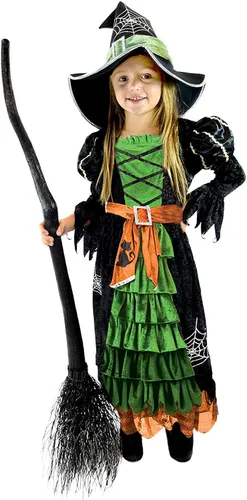 Vista 4 de Disfraz de bruja de cuento de hadas color verde con sombrero para niñas