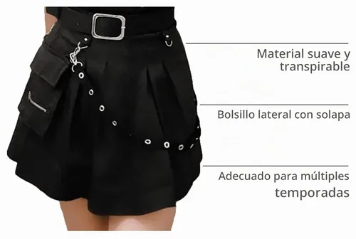 Vista 3 de Ruolai Minifalda plisada negra gótica con falda de tenis de cintura alta con cadena Negro