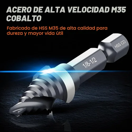 Vista 3 de THINKWORK Broca de paso de cobalto M35 con flauta en espiral, broca de paso HSS de tamaño único de 1/2", brocas de paso de tamaño pequeño EDC