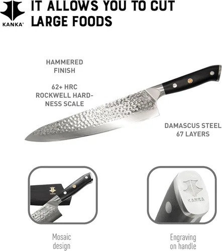 Vista 2 de KANKA Cuchillo de chef de acero Damasco de 8 pulgadas - 67 capas de acero profesional, núcleo de 10Cr, borde afilado 62 HRC, mango ergonómico