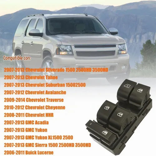 Vista 2 de 20945129 Botón de interruptor maestro de control de ventana del lado del conductor Compatible con 2007-2013 Chevy Silverado 1500/2500 HD/3500 HD/GMC