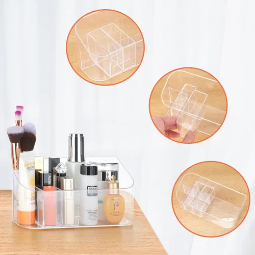 Vista 7 de Bandeja organizadora de maquillaje transparente, vitrina de cosméticos, pequeño organizador de maquillaje para tocador, baño, encimera, encimera