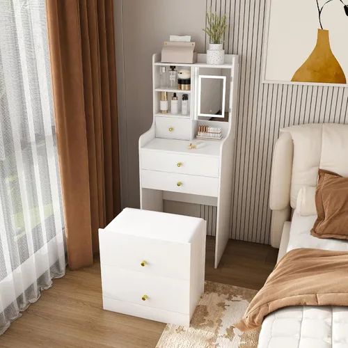 Vista 10 de Runboll 3 in 1 Small Vanity Desk with Open Top Mirror, Small Dressing Table with Visible Glass Desktop, Compact Makeup Vanity with 3 Drawers
