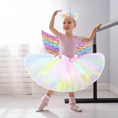 Vista 4 de Enfudid Disfraz de unicornio de princesa para niñas pequeñas, los disfraces de unicornio incluyen falda de malla, diadema de unicornio y ala de ángel