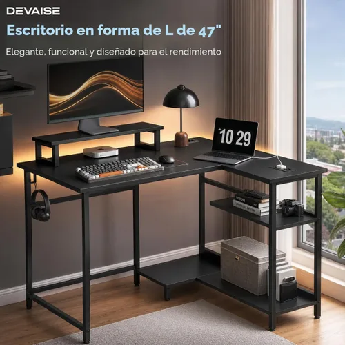 Vista 3 de DEVAISE Escritorio para juegos en forma de L de 47 pulgadas con luces LED y tomas de corriente, escritorio de esquina para espacios pequeños, mesa