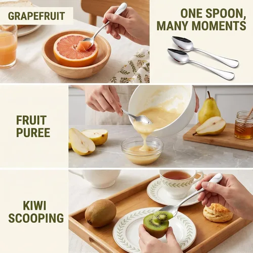 Vista 5 de 2 cucharas de pomelo de acero inoxidable para frutas, cuchara de acero inoxidable, borde dentado, cucharas cortadas para helado, postre, queso