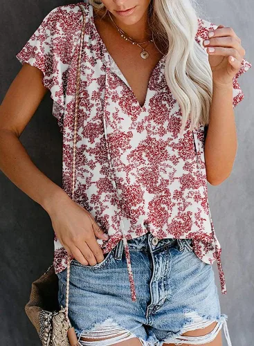 Vista 3 de SimpleFun Blusa de verano de manga corta con cuello en V floral para mujer