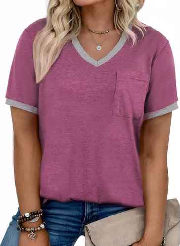 Vista 45 de Eytino Blusas de talla grande para mujer, cuello en V, manga corta, a rayas, casual, holgada, con bolsillo (1X-5X)