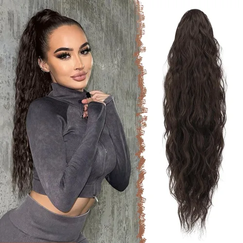 Vista 16 de FESHFEN Extensiones de cola de caballo – 26 pulgadas cordón largo rizado ondulado clip en colas de caballo pelo sintético extensiones de cola