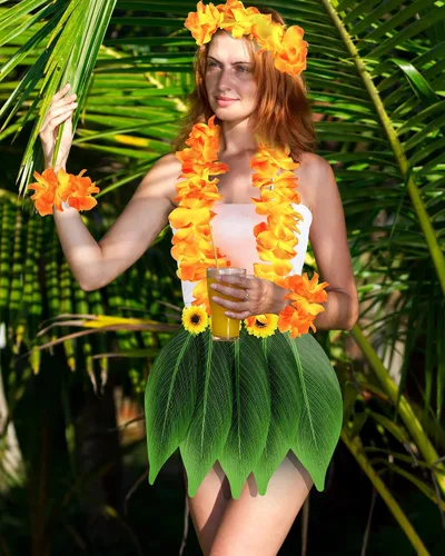 Vista 6 de 6 piezas de disfraz hawaiano para mujer, incluye falda hula, top hawaiano, flor hawaiana, collar y pulsera para Halloween, mujer, cosplay