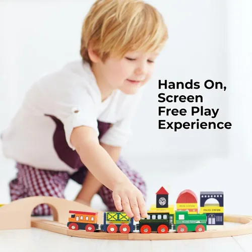 Vista 4 de On Track USA Juego de tren de madera de 35 piezas todo en uno con trenes magnéticos y accesorios ferroviarios, viene en un recipiente transparente