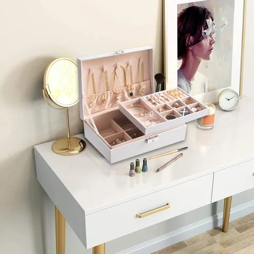 Vista 8 de YEEKEN Joyero para mujeres niñas novia esposa caja organizadora de joyas grande de 2 capas regalo ideal de piel sintética con bandeja extraíble