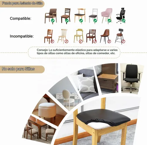 Vista 4 de Fundas elásticas de cuero para asientos de silla con lazos elásticos, fundas impermeables de cuero PU para asientos de silla de comedor, fundas