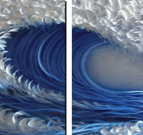 Vista 8 de Arte de pared de metal oceánico, arte abstracto de metal hecho a mano, arte de pared azul y plateado a gran escala, pintura de aluminio 3D única