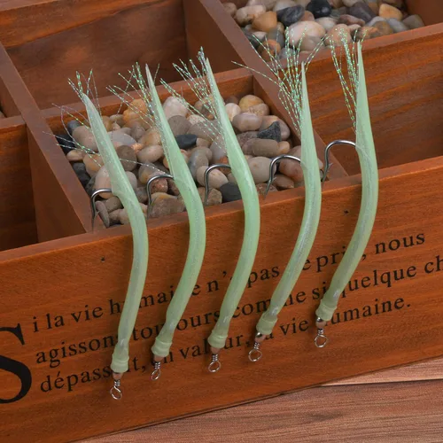 Vista 7 de Señuelos de tubo de bajo a rayas, señuelos de arrastre para agua salada, bacalao, aparejo, tubo teaser con gancho de acero inoxidable, barril