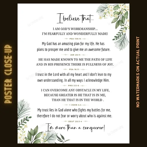 Vista 3 de Christian Confessions based on Bible verses - Spiritual Affirmations - Declarations Printed Poster - Wall Art Print - Christian gift - Minimalistic