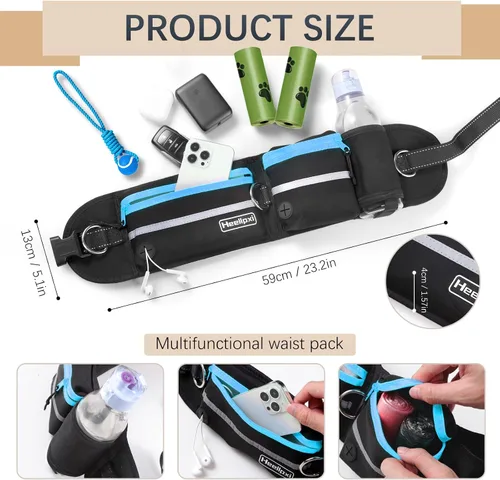 Vista 4 de Correa de cintura manos libres con bolsa para dos perros, costuras reflectantes, doble asa y diseño retráctil elástico, ideal para perros medianos a