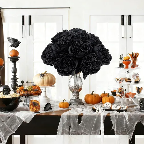 Vista 9 de U'Artlines 10 cabezas de peonías artificiales de seda, hojas y flores para decoración del hogar, oficina, bodas, fiestas, festivales y bares (negro)