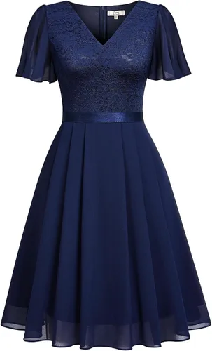 Vista 5 de MISSMAY Vestido de cóctel de encaje con cuello en V y mangas con volantes retro