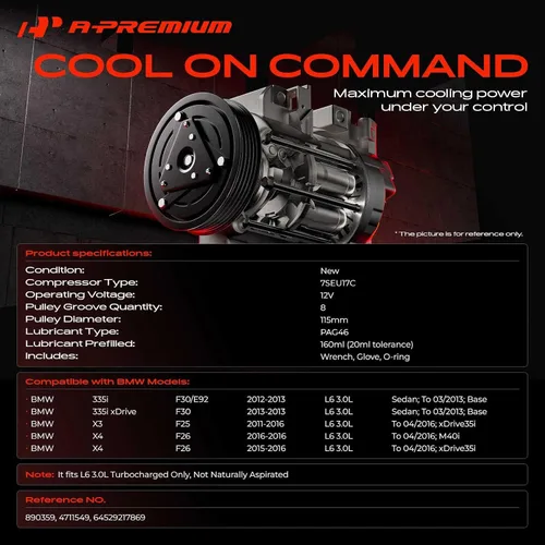 Vista 2 de A-Premium Compresor A/C con embrague compatible con BMW 335i 3.0L 2012-2013, 335i 3.0L xDrive 2013, X3 3.0L 2011-2016, X4 3.0L 2015-2016