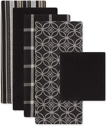 Vista 2 de DII Juego de cocina tejido surtido, toalla de cocina, 18 x 28 pulgadas, paño de cocina, 13 x 13 pulgadas, color negro, 5 piezas