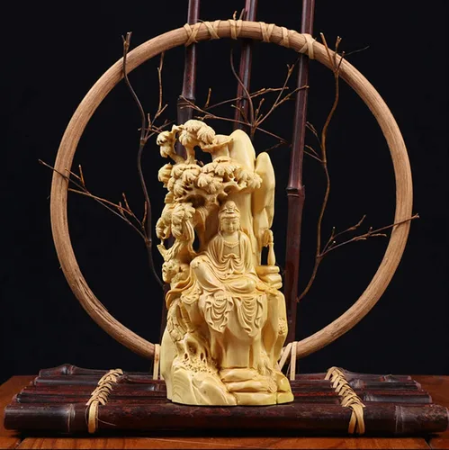 Vista 5 de Escultura de mesa, escultura de Buda, estatua de boj de 6.3 in, escultura de Guanyin, tallado de madera, estatua de Buda Guan Yin, decoración