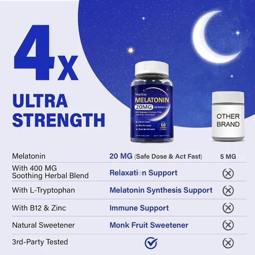 Vista 7 de Gomitas de melatonina de 20 mg para adultos, suplemento gomoso de melatonina de máxima fuerza con glicinato de magnesio, B6, B12, L-teanina, GABA