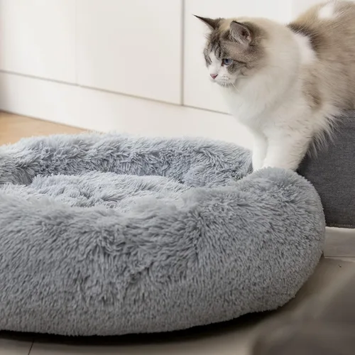 Vista 2 de Cama redonda antiansiedad de felpa sintética esponjosa cálida y lavable para perros y gatos, cama original para mascotas pequeñas, medianas