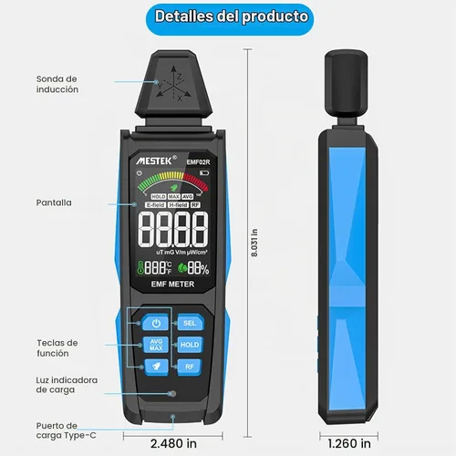 Vista 2 de AceFox Detector de EMF para Detectar EF RF MF, Pantalla LCD Digital, Mide uT mG/V/m pW/cm², Medidor de EMF Recargable 3-en-1 para Inspecciones