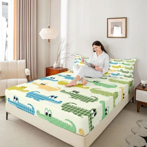 Vista 7 de Erosebridal Juego de ropa de cama de cocodrilo para niños, tamaño individual, lindo juego de sábanas de cocodrilo de dibujos animados para niños