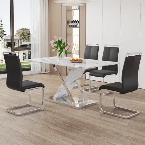 Vista 37 de Juego de mesa de comedor de mármol para mesa rectangular blanca de 6.63 pulgadas con marco de metal plateado en forma de X y 6 sillas de comedor
