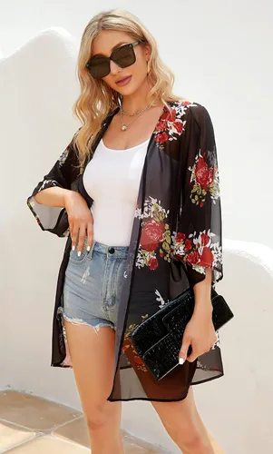 Vista 3 de Cárdigan tipo kimono de manga abombada con estampado floral para mujer, blusa informal