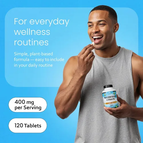 Vista 5 de Citrato de magnesio 400 mg - 120 comprimidos alivio del estrés de alta potencia, apoyo para la relajación del sueño, apoya la función nerviosa