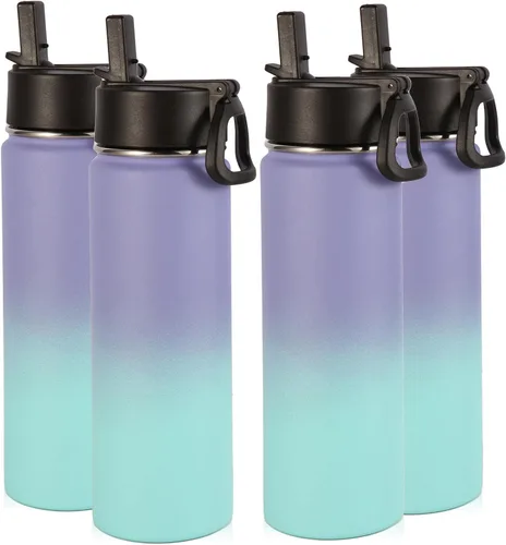 Vista 17 de Volhoply Botellas de agua aisladas de 22 onzas con tapa con popote, botella deportiva de acero inoxidable con asa, vasos de agua de viaje de metal