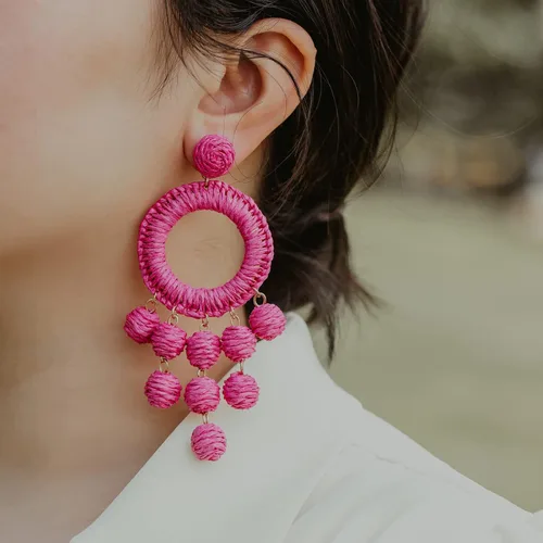 Vista 2 de Statement Raffia Earrings Boho Dangle Drop Earrings Cute Handmade Fashion Earring Summer Beach Jewelry for Women