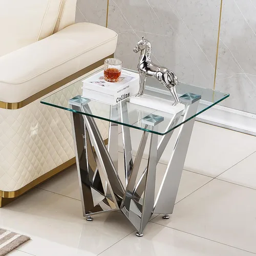Vista 17 de Mesa auxiliar de cristal dorado de lujo, moderna mesa de centro cuadrada para sofá con base de acero inoxidable con espejo brillante, mesa de noche