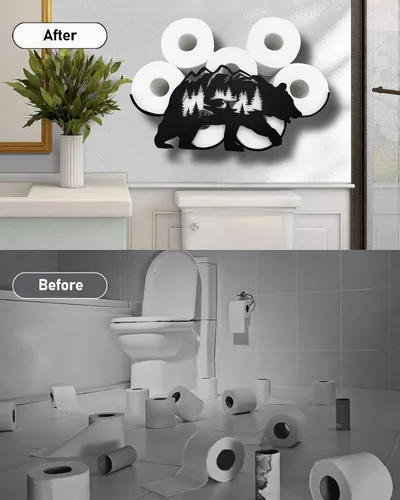 Vista 4 de Bear - Almacenamiento de papel higiénico de pared de metal, divertido soporte de papel higiénico negro, soporte de papel de metal decorativo