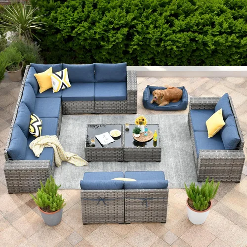 Vista 32 de ovios Juego de muebles de patio de 6 piezas, sofá seccional de mimbre para exteriores con mesa auxiliar, cómodos cojines, moderno sofá modular Beige
