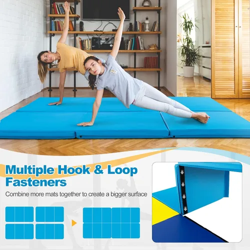 Vista 4 de Goplus Esterilla de Gimnasia Plegable, 6' x 2' x 2'' de Grosor Tri-Fold Esterilla de Ejercicio y Volteretas con Asas de Transporte, Cierre de Gancho
