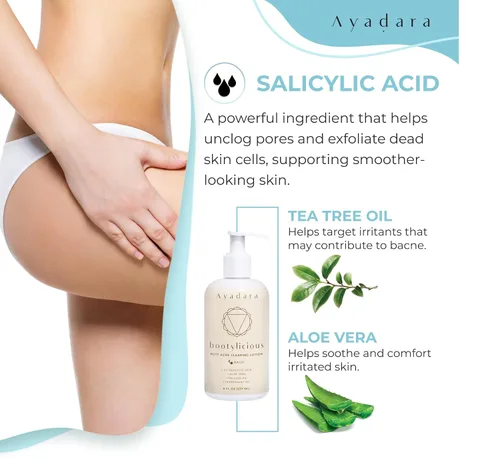 Vista 2 de Loción y crema para eliminar el acné de glúteos, 8 onzas con ácido salicílico, crema suavizante para glúteos y loción limpiadora para mujeres