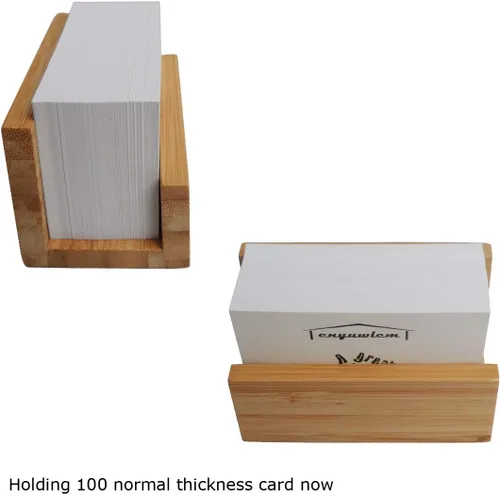 Vista 3 de Paquete de 1 soporte de madera de bambú para tarjetas de visita de escritorio para escritorio, soporte de exhibición de tarjetas de visita