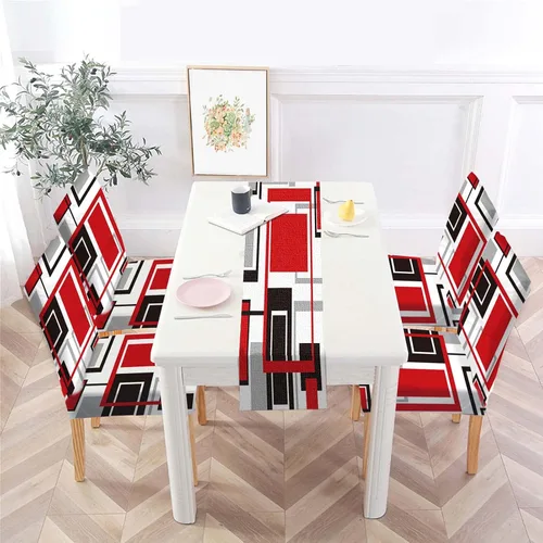 Vista 13 de MCALK Juego de 4 fundas para sillas de color gris abstracto y camino de mesa, fundas elásticas para sillas grises para cocina, protector de silla