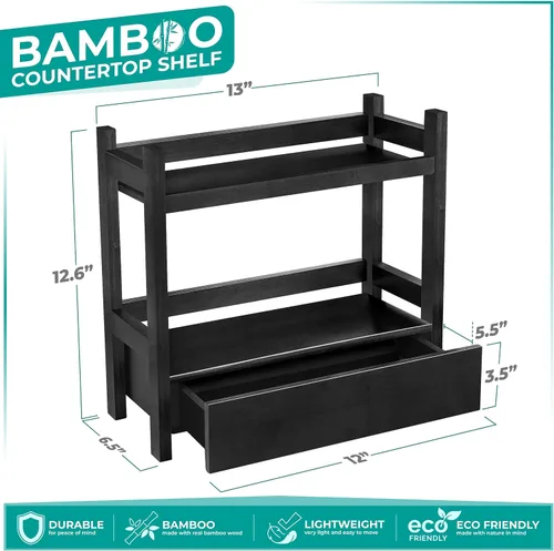 Vista 3 de Sorbus Organizador de encimera de baño de bambú, estante de 2 niveles con cajón oculto para tocador, estación matcha, organizador de fregadero