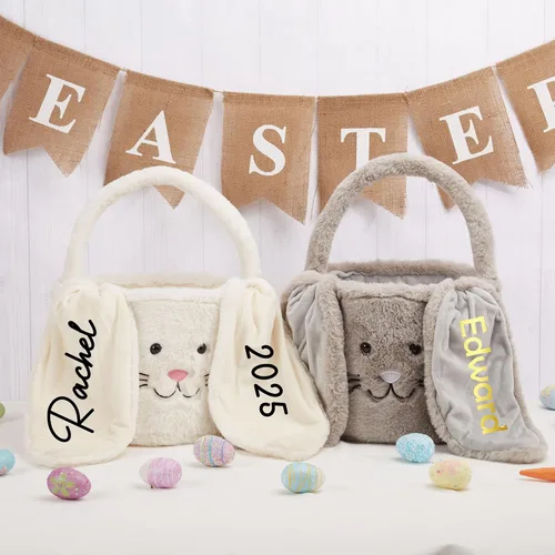 Vista 3 de Cesta de Pascua personalizada, cubos de Pascua con orejas de conejito de peluche personalizados para niños, huevos, caza, fiesta de Pascua, bolsa