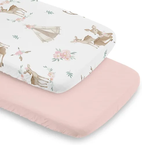 Vista 7 de Sweet Jojo Designs Juego de sábanas de moisés de bebé de 2 piezas (diseño floral de conejito del bosque) para niñas, colchón ovalado, rectangular