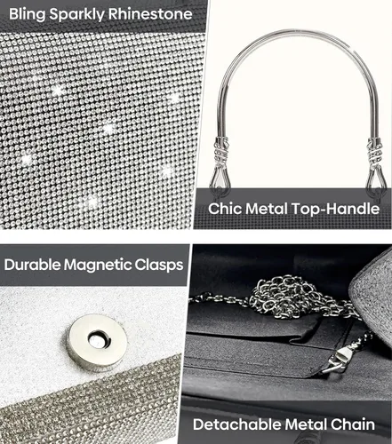 Vista 3 de Comeon Bolso de mano de noche con purpurina y diamantes de imitación brillantes para mujer, bolso plateado con cristales brillantes para baile