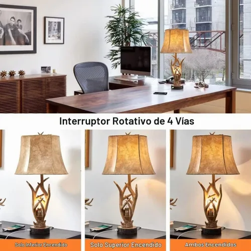 Vista 2 de Dungoo Juego de 2 lámparas de mesa rústicas de ciervo occidental con luz nocturna, lámparas de noche rústicas de 26 pulgadas para dormitorio con 2