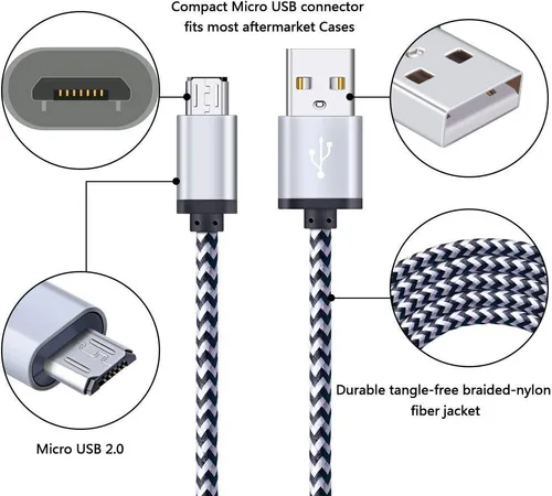 Vista 4 de Cable de carga micro USB, paquete de 5 cables micro USB de 6 pies, cable trenzado de carga rápida para Samsung Galaxy J3 J7 S6 S7 Edge, tableta, LG
